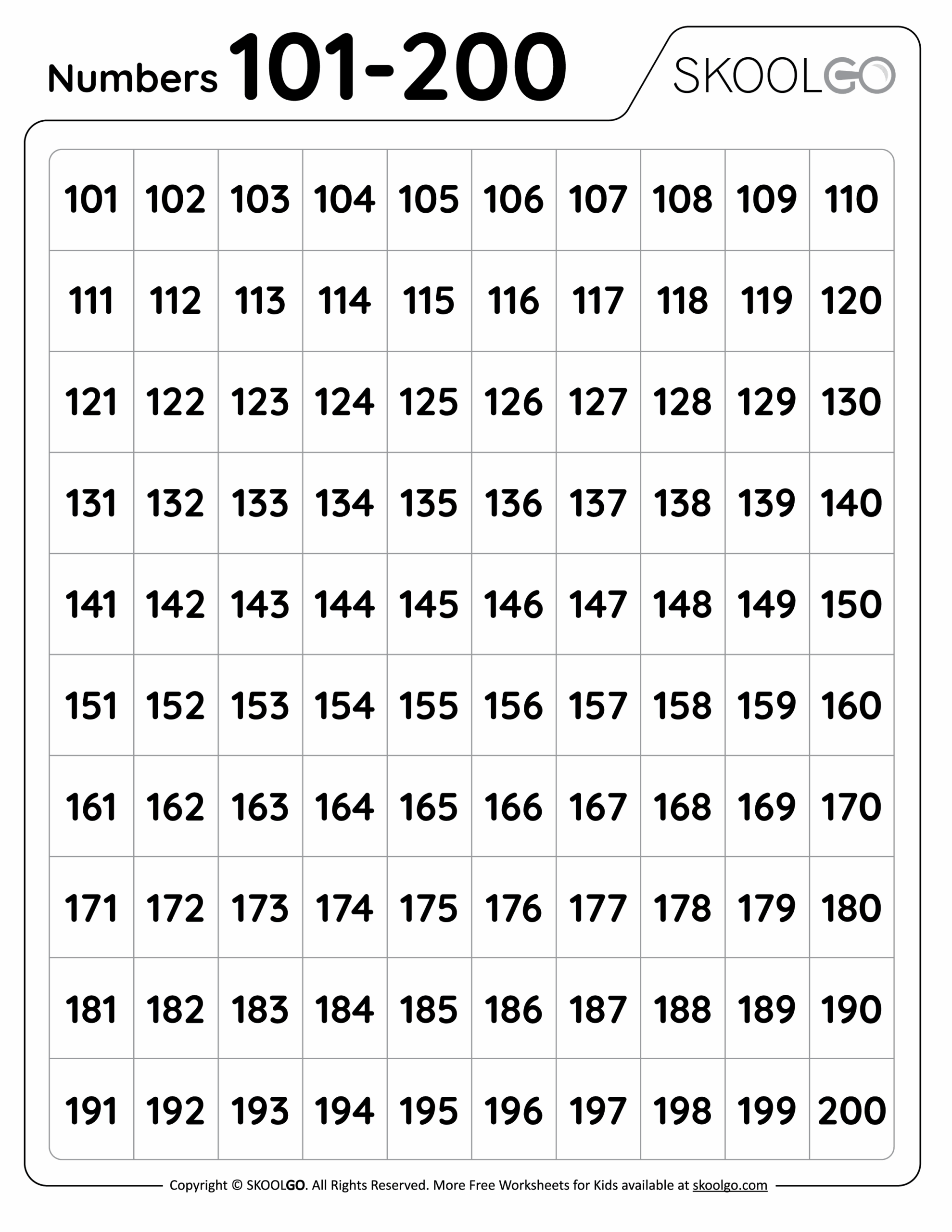 Numbers 101 To 200 Free Worksheet For Kids SKOOLGO