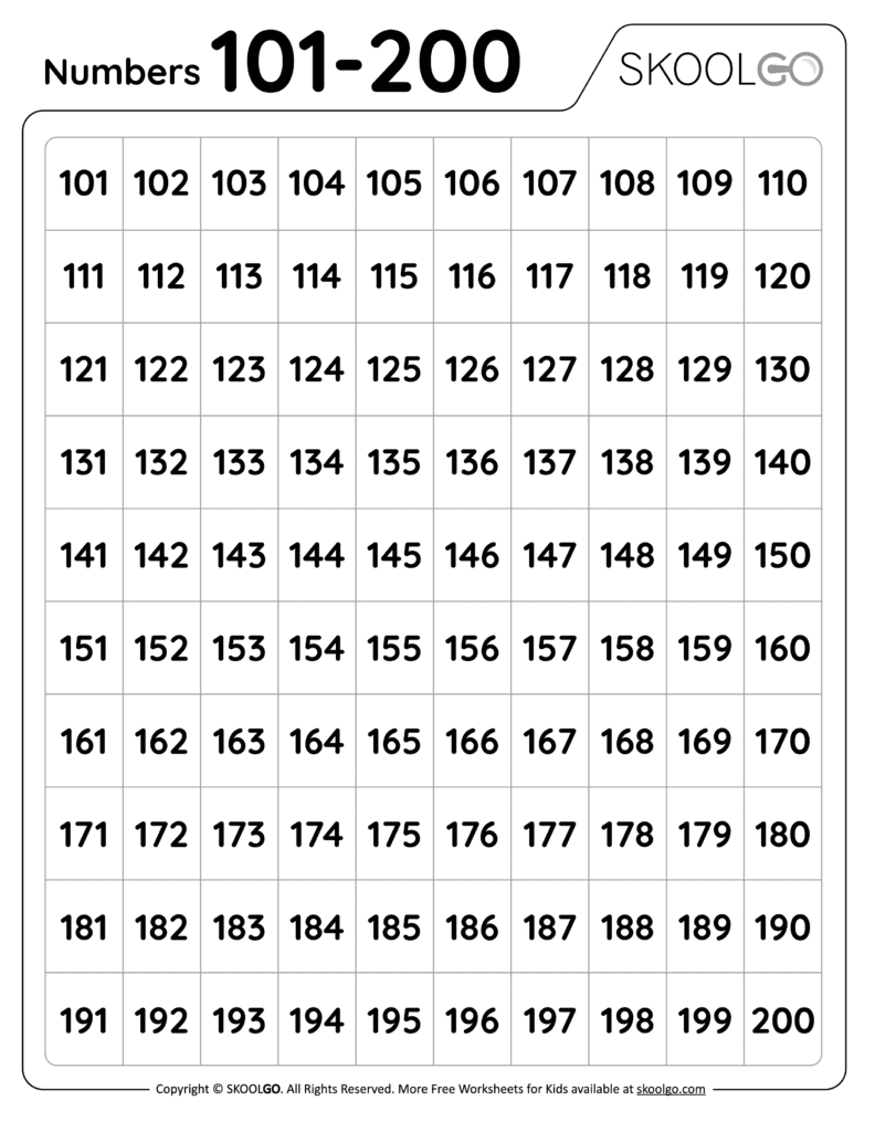 101 to 200 numbers worksheet