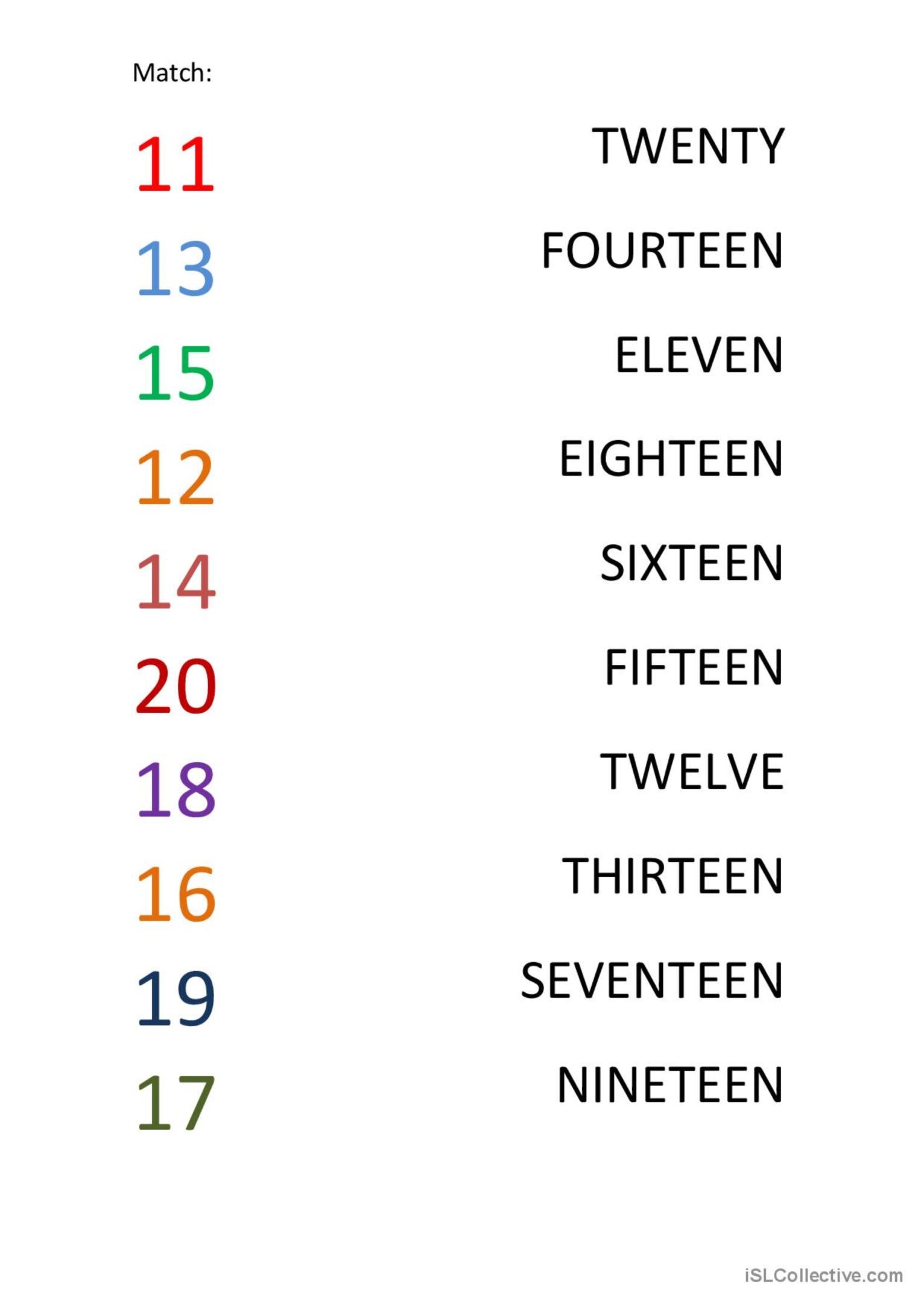 numbers 1 to 20 in english worksheets