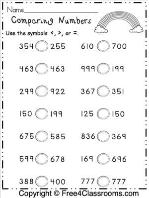 3 digit comparing numbers worksheets