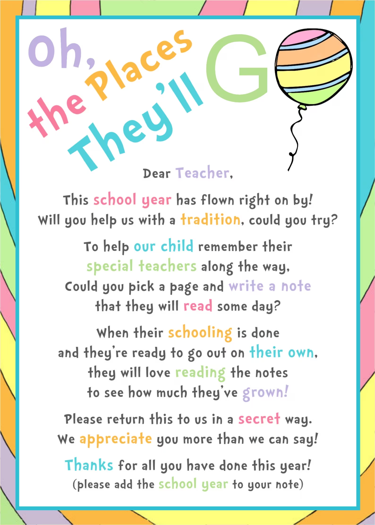 Oh The Places You 39 ll Go Instruction Letter For Teachers To Sign Book 