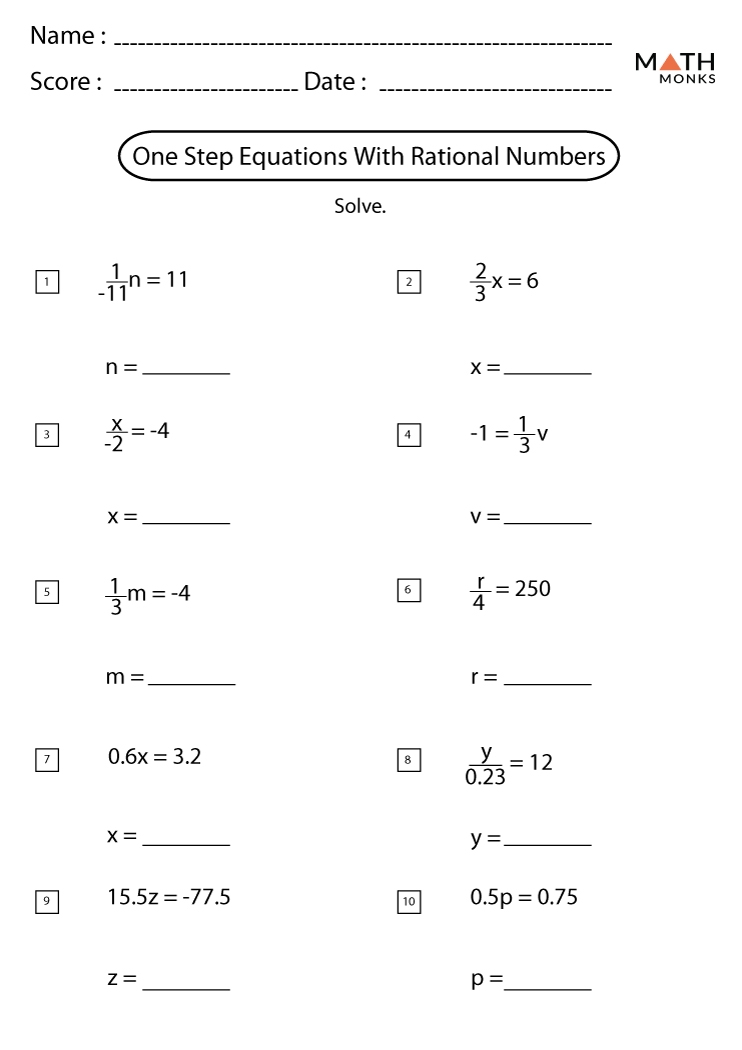 One Step Equations With Rational Numbers Worksheet Printable Word 