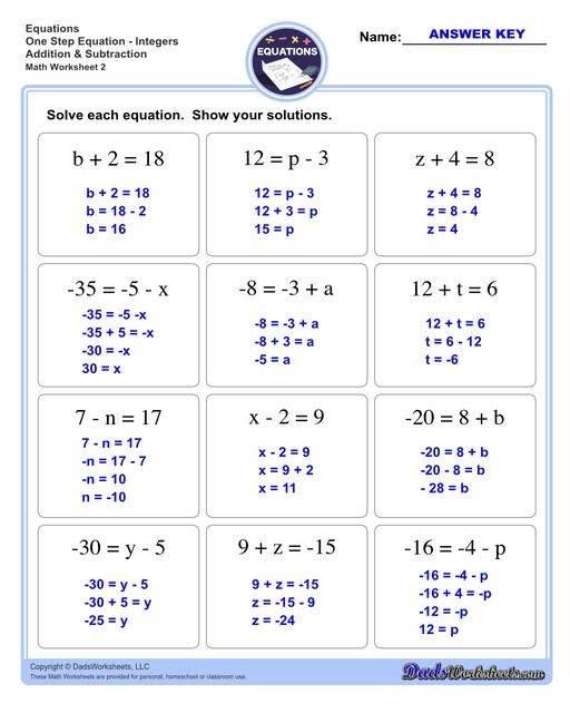 One Step Equations Worksheets Library