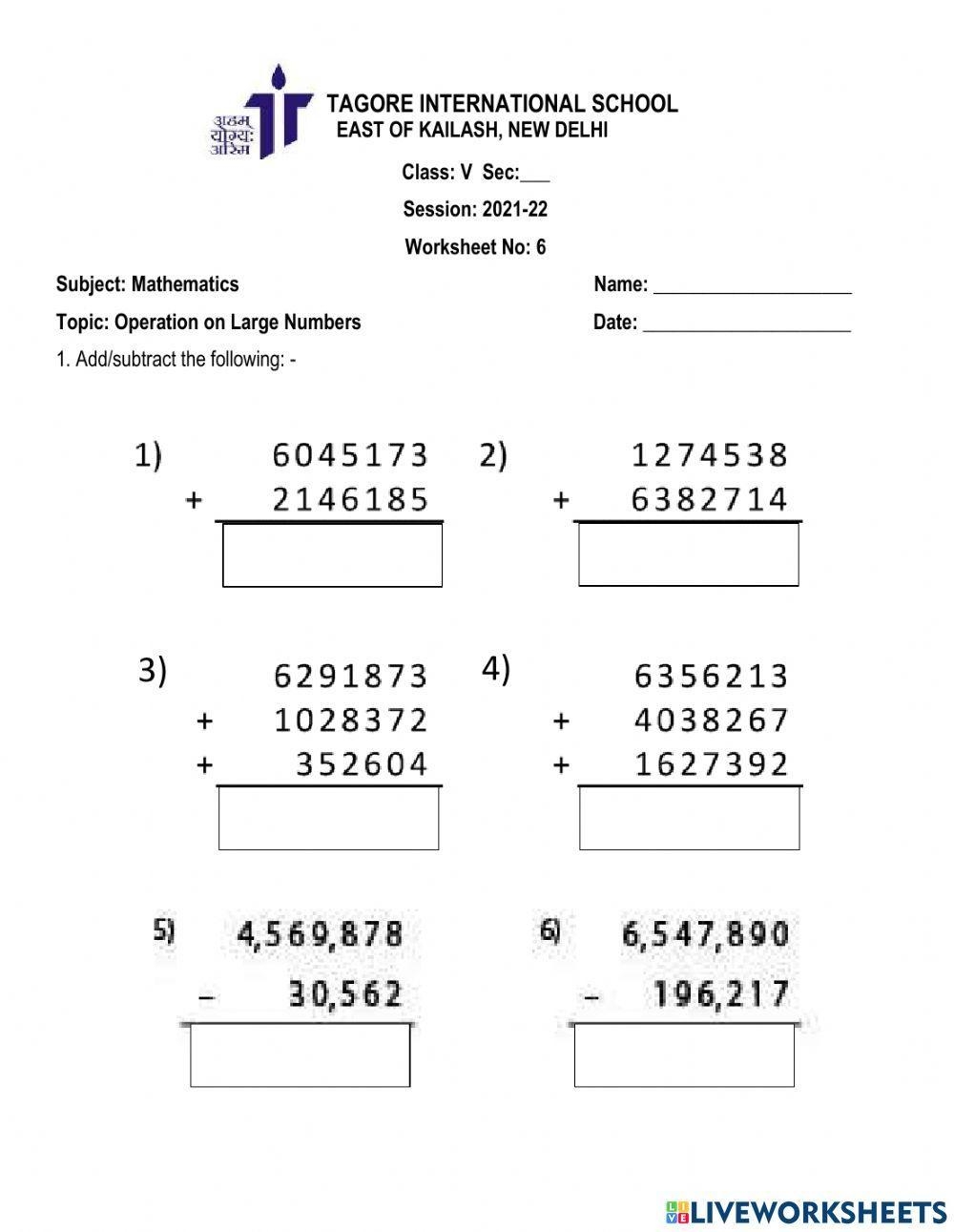 Operation On Large Numbers Worksheet Live Worksheets Worksheets Library