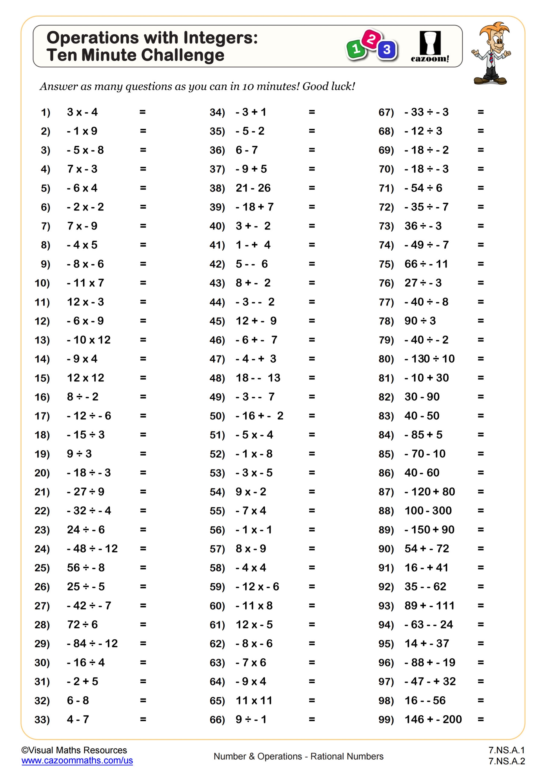 Operations With Integers Ten Minute Challenge Worksheet PDF