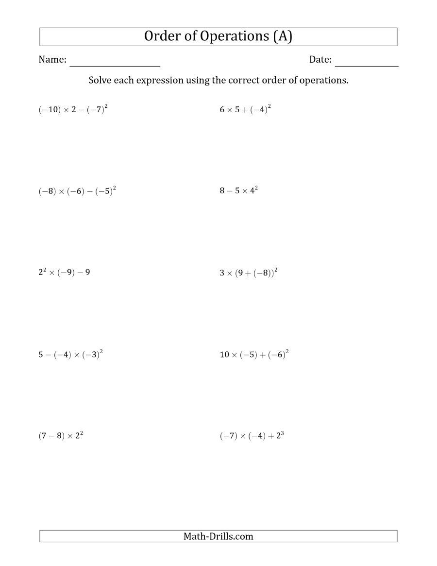 Order Of Operations With Positive And Negative Numbers Worksheets 