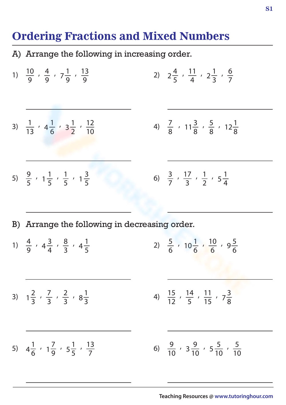 Ordering Fractions And Mixed Numbers Worksheet Worksheets Library