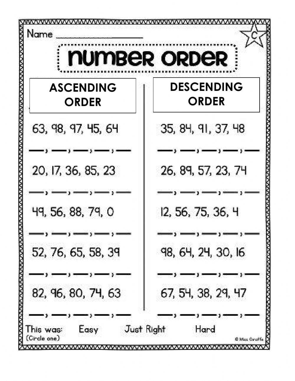 worksheet for ordering numbers