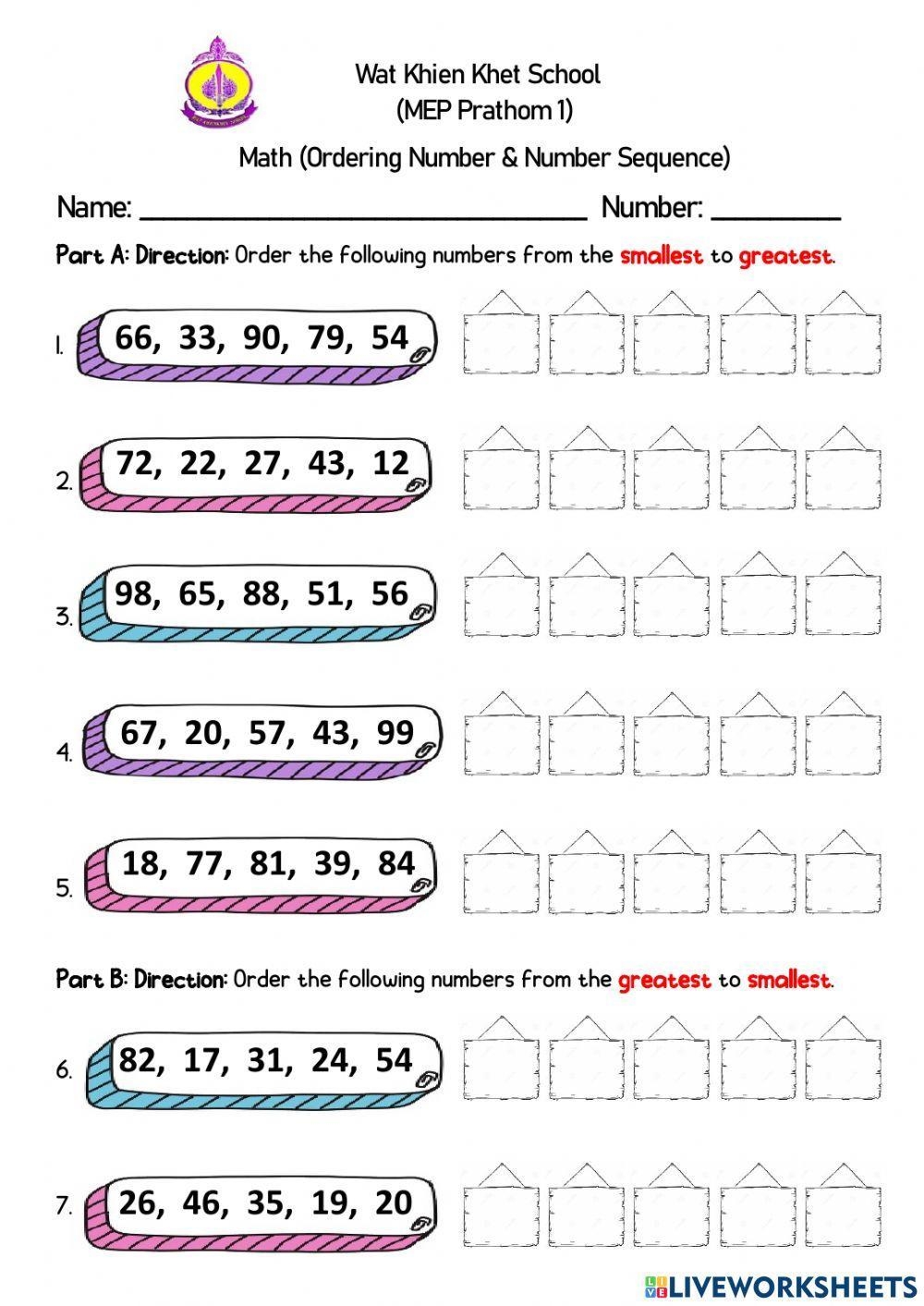 Ordering Numbers Number Sequence Worksheet Live Worksheets