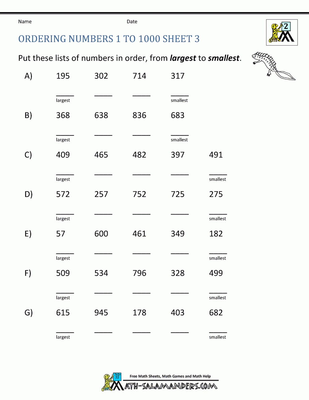 ordering of numbers worksheets