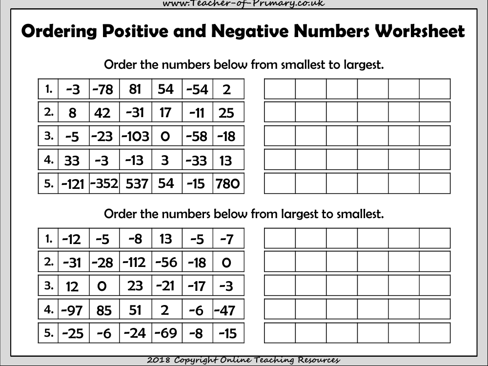 Ordering Positive And Negative Numbers Worksheet Maths Year 5 