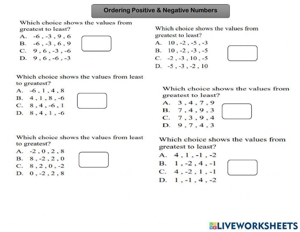 Ordering Positive Negative Numbers Worksheet Live Worksheets 