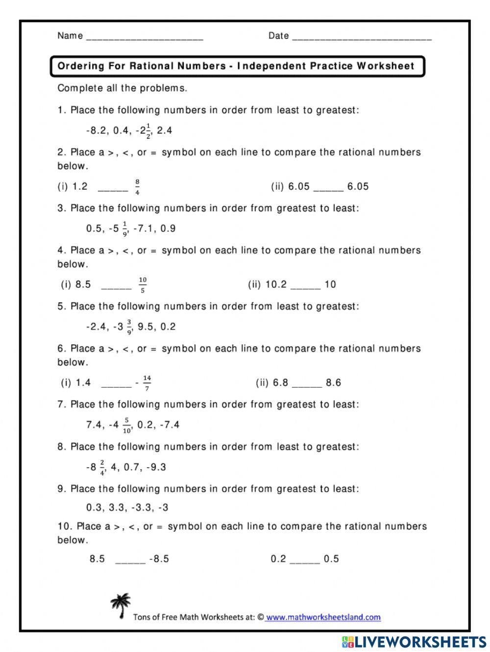 Ordering Rational Numbers Online Exercise For Live Worksheets 