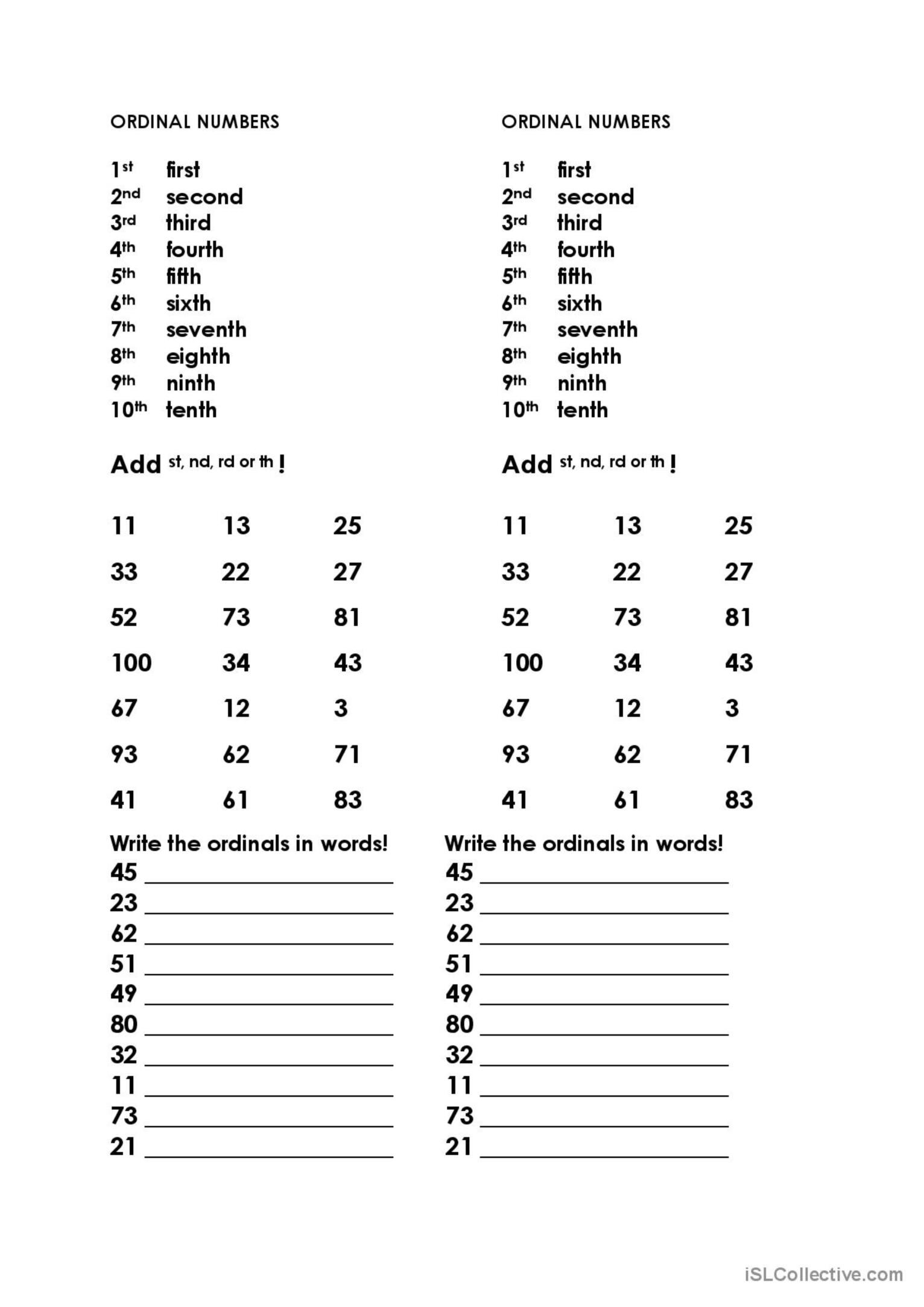 ORDINAL NUMBERS English ESL Worksheets Pdf Doc