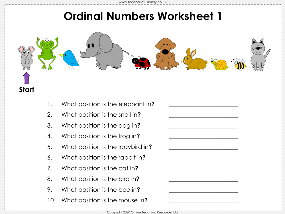 worksheet for ordinal numbers for kindergarten