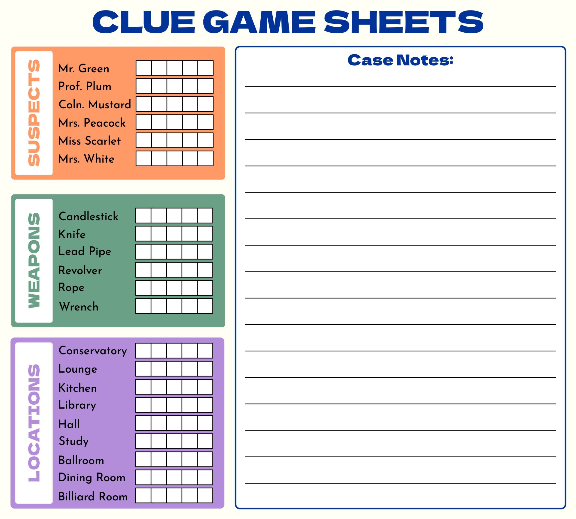 free printable clue game sheets printable