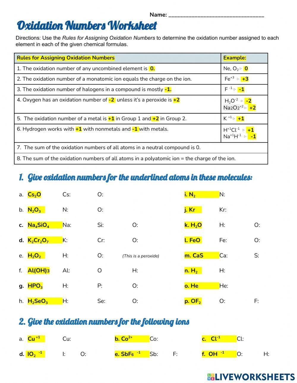 Oxidation Numbers Worksheet Worksheet Live Worksheets Worksheets 
