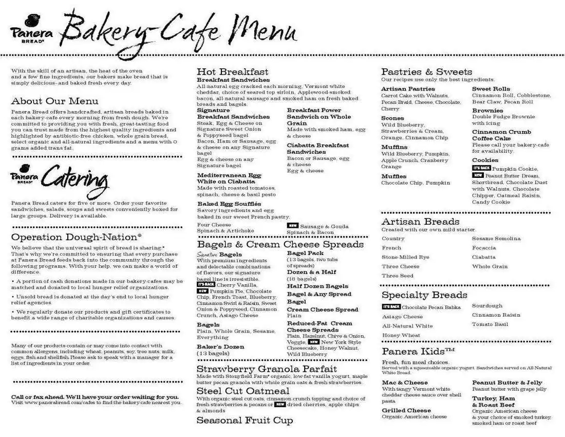 Panera Bread Printable Menu