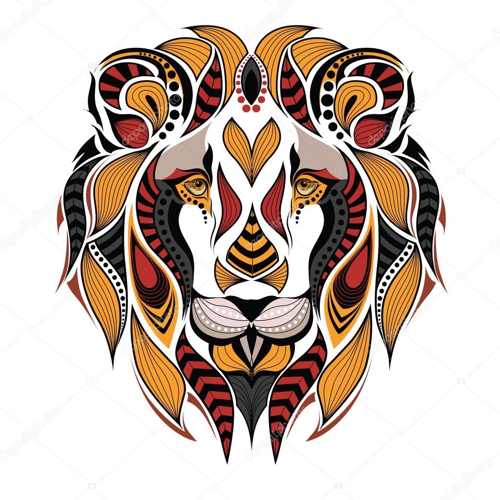Patterned Colored Head Of The Lion African Indian Totem Tattoo 