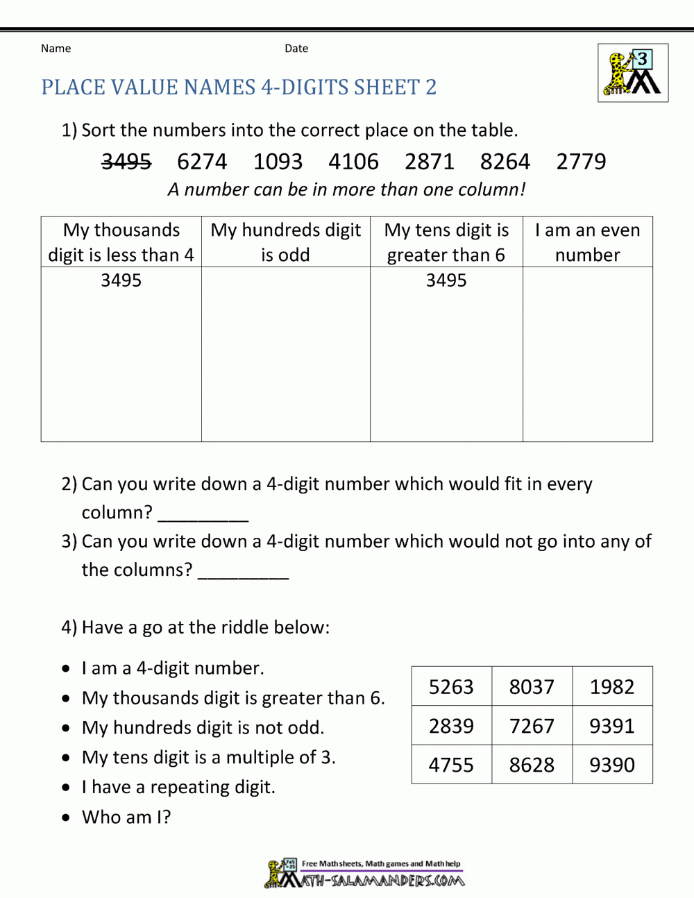 4-digit numbers place value worksheet