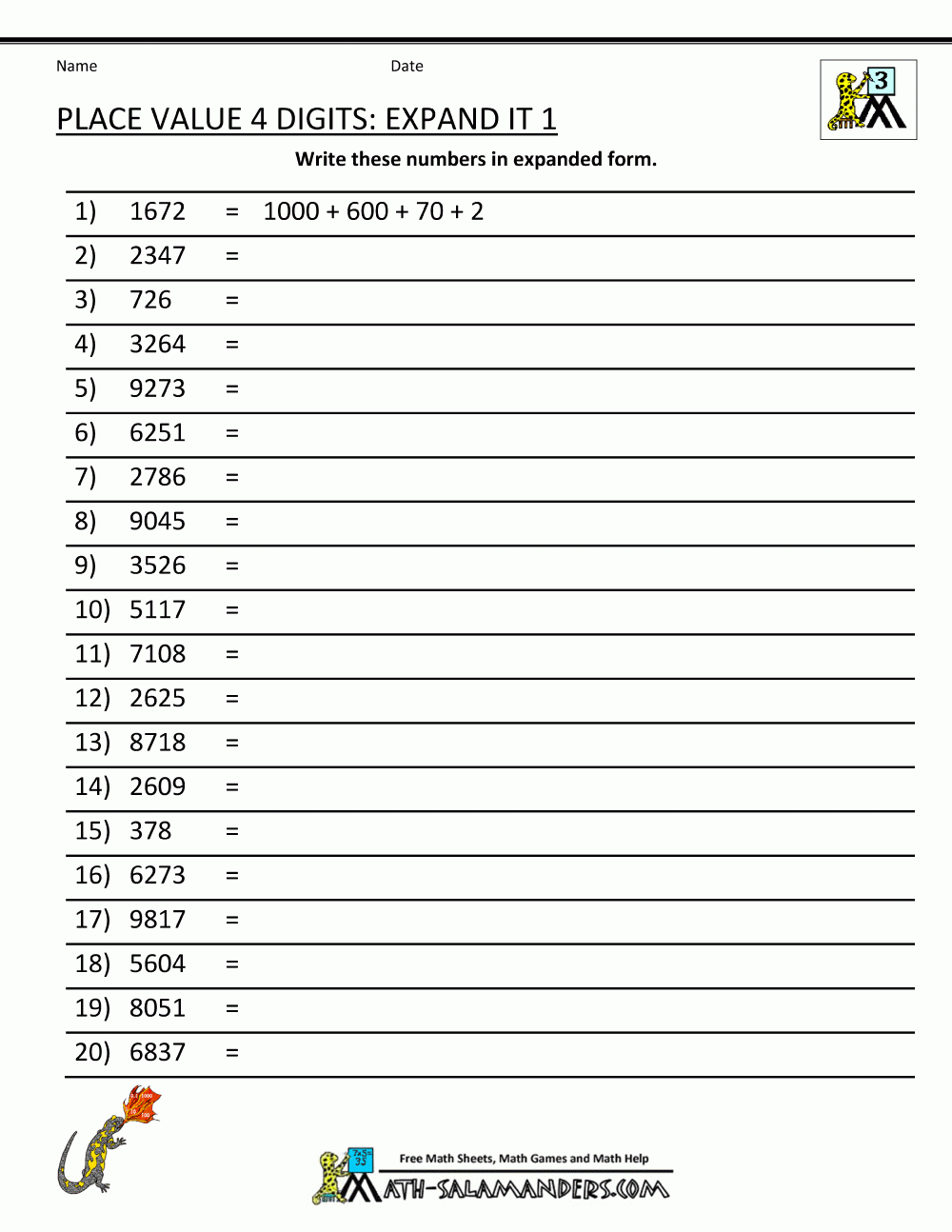 Place Value 4 Digit Numbers