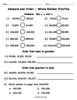 Place Value Comparing Numbers Worksheet