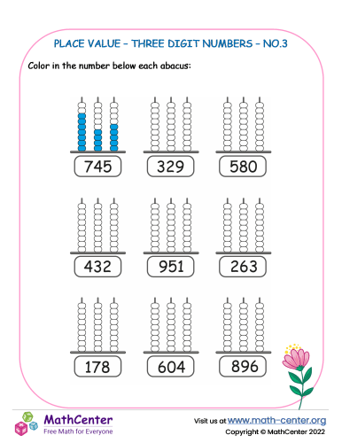 Place Value Three Digit Numbers Abacus No 3 Worksheets Math 