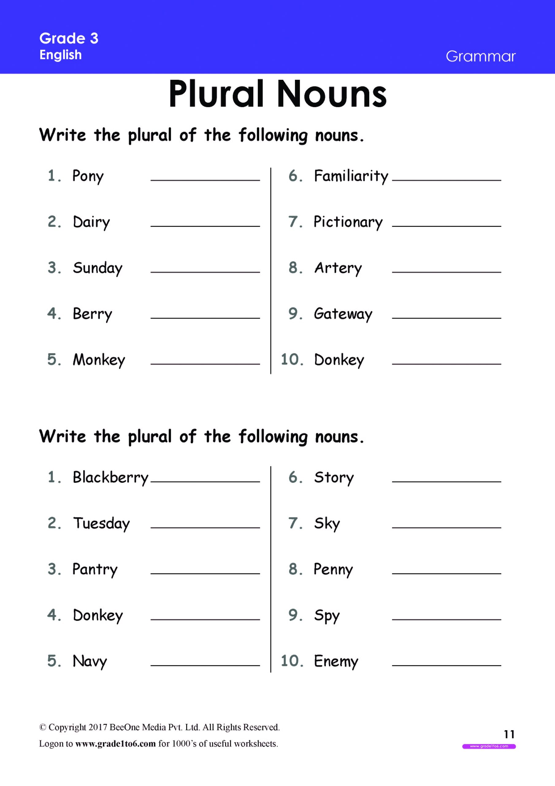 Plural Nouns Worksheet Grade 3 www grade1to6