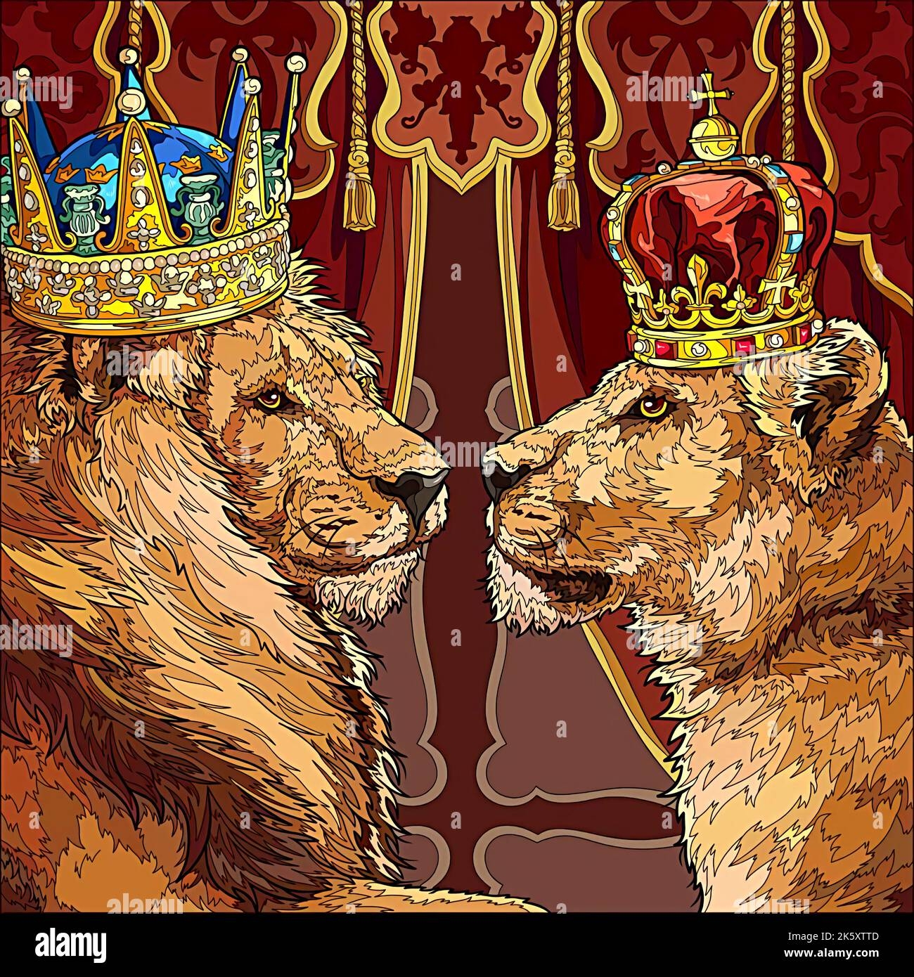 Portrait Illustration Of Two Lions Wearing Royal Crowns Stock Photo Alamy