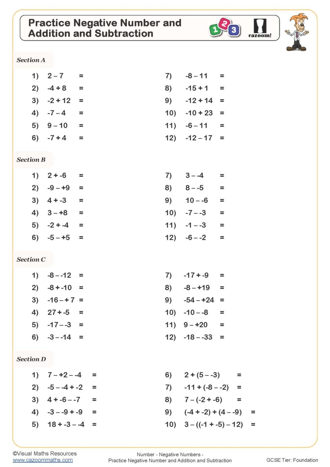 Practice Negative Number And Addition And Subtraction Worksheet 