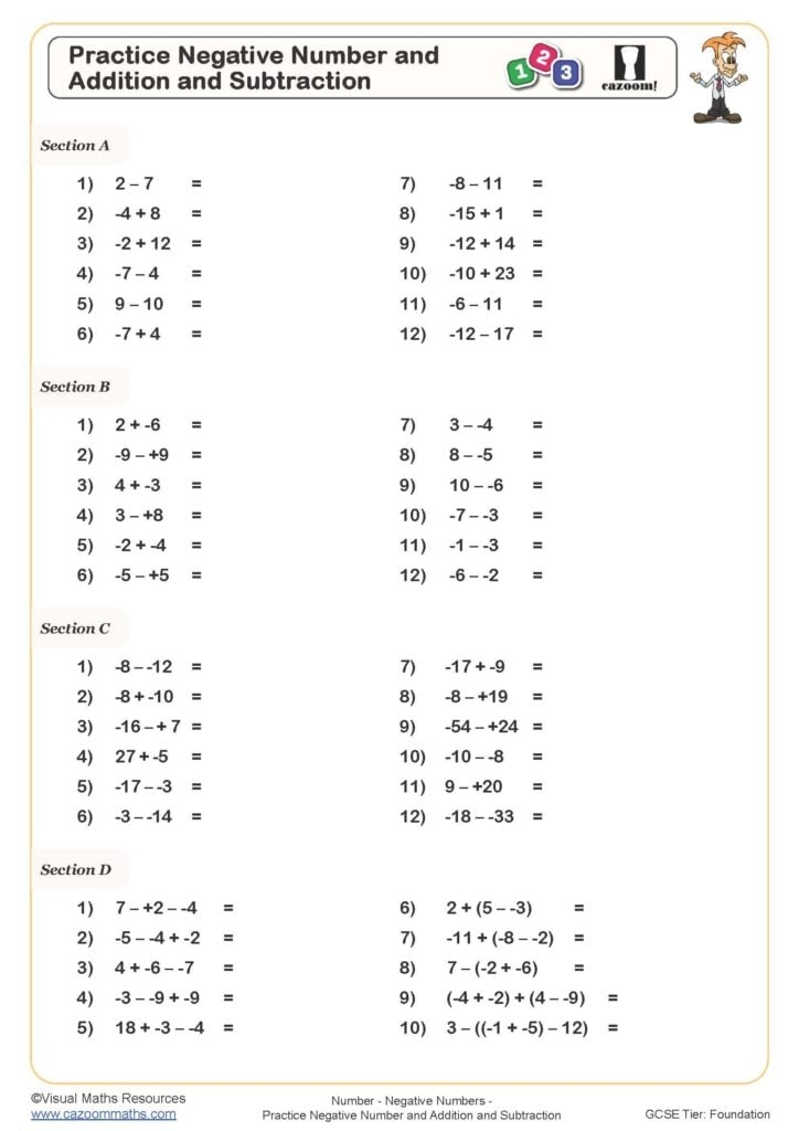 Practice Negative Number And Addition And Subtraction Worksheet 