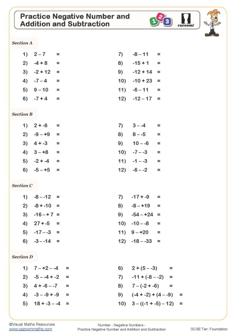 negative numbers addition and subtraction worksheet