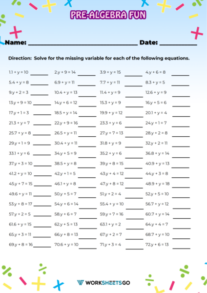 Pre algebra Fun Worksheets WorksheetsGO