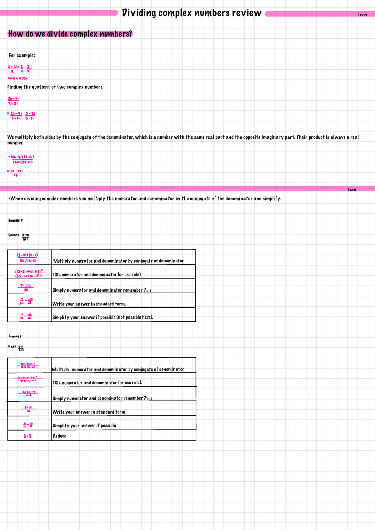 Pre Calc Dividing Complex Numbers Review Notes Dividing 