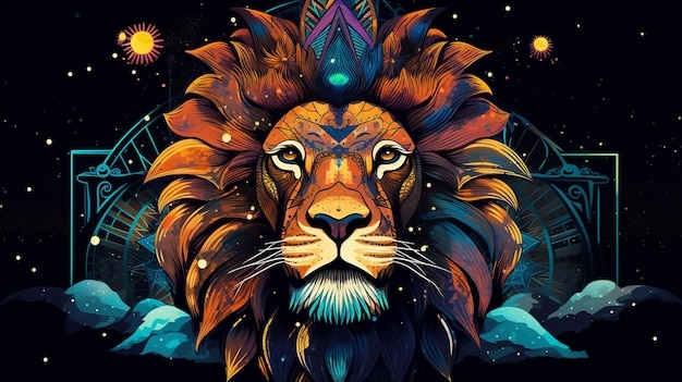 Premium AI Image Illustration Of Mandala Lion Colored With Bright 