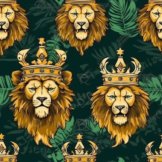 Premium Photo A Seamless Pattern With Lions Wearing Crowns And Palm 