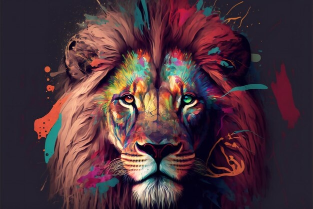 Premium Photo Colorful Lion Head Painting Digital Illustration 