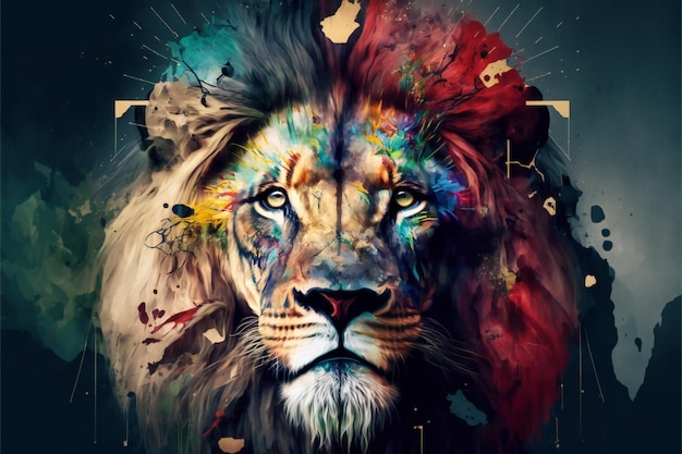 Premium Photo Colorful Lion Head Painting Digital Illustration 