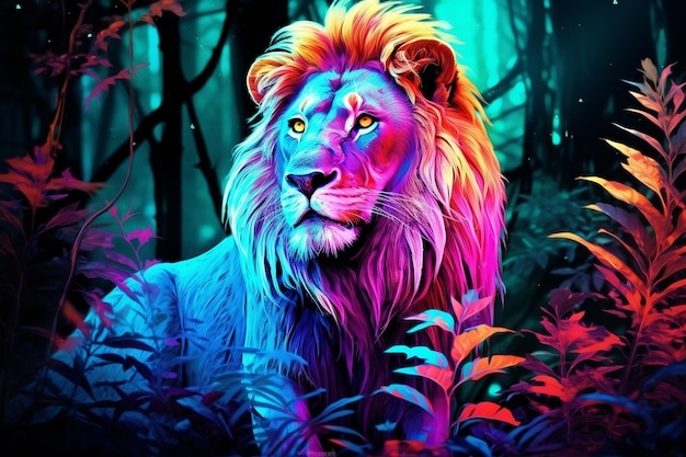 Premium Photo Neon Light Lion King Of Colors
