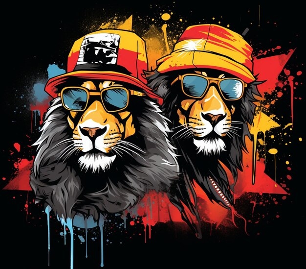 Premium Photo There Are Two Lions Wearing Hats And Sunglasses On A 