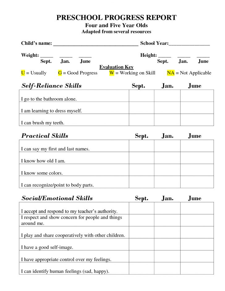 free printable preschool report card template