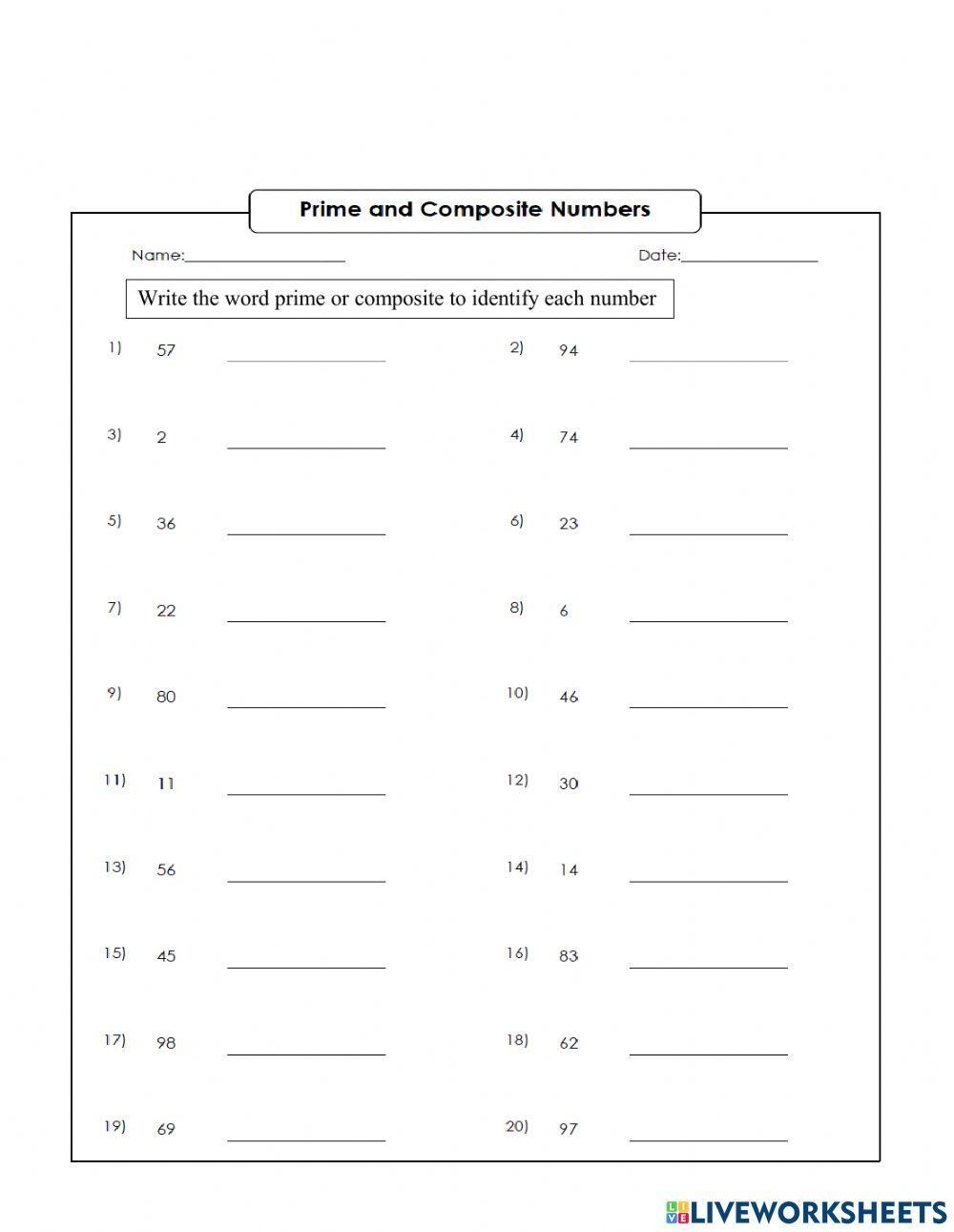 Prime And Composite Numbers Online Worksheet Live Worksheets 