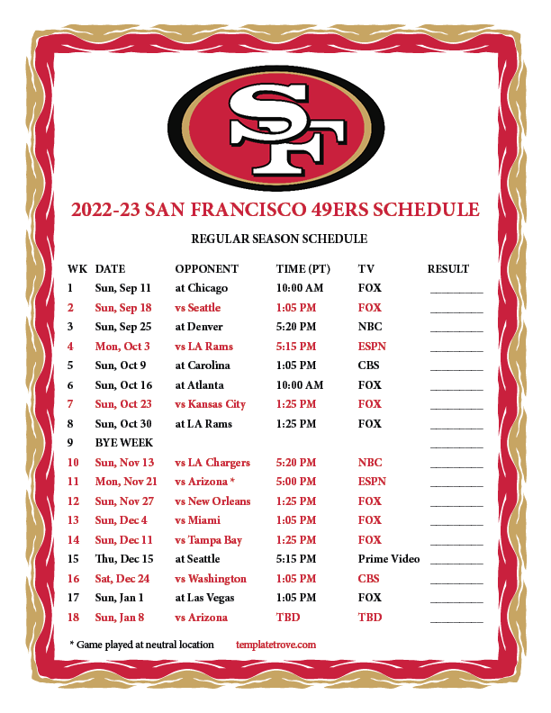 Printable 2022 2023 San Francisco 49ers Schedule