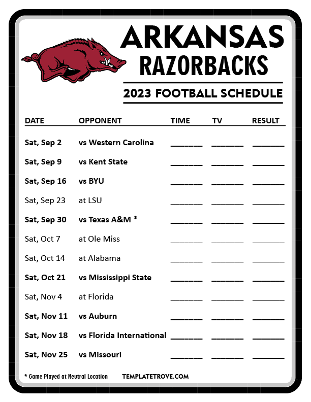 Printable 2023 Arkansas Razorbacks Football Schedule