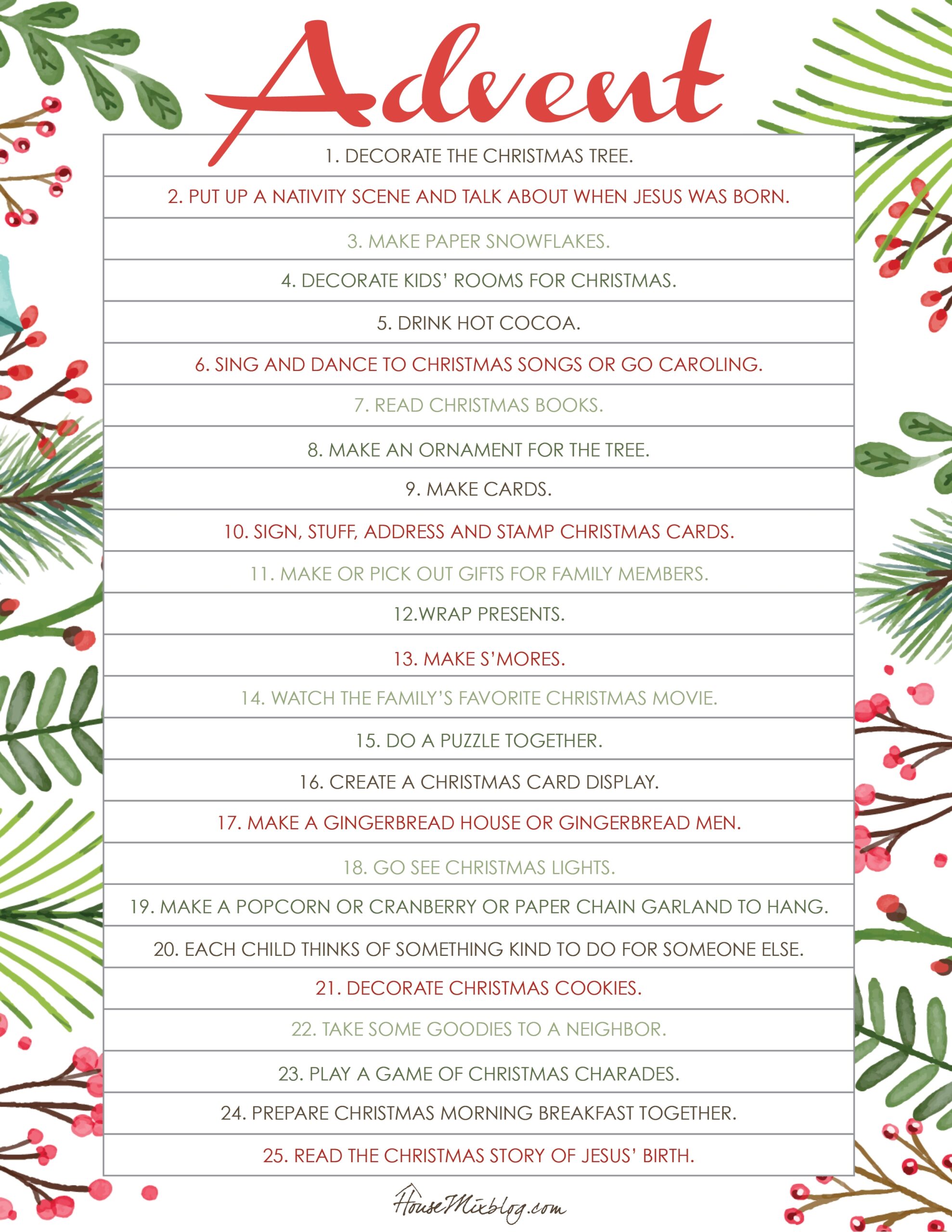 Printable 25 days of christmas activites for your advent calendar get 