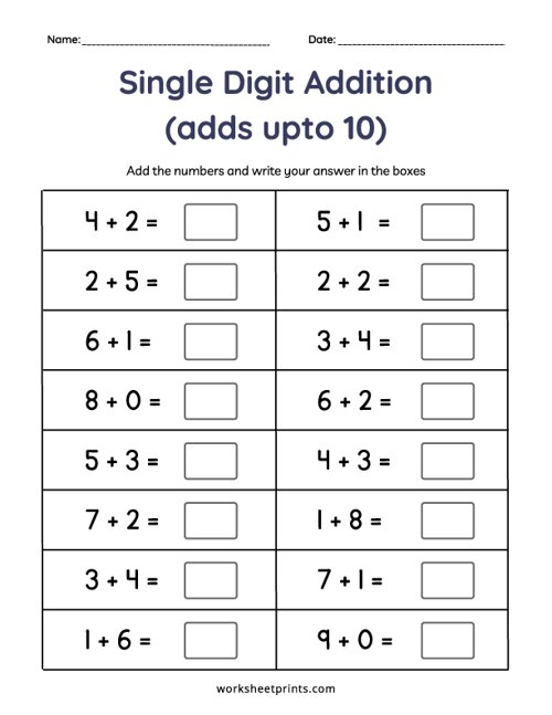 Printable Add Single Digit Numbers Adds Upto 10 Worksheet