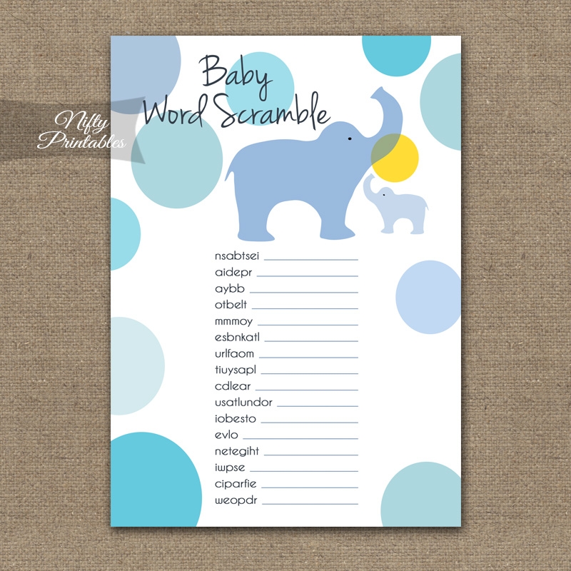 Printable Baby Shower Word Scramble Game Blue Elephants