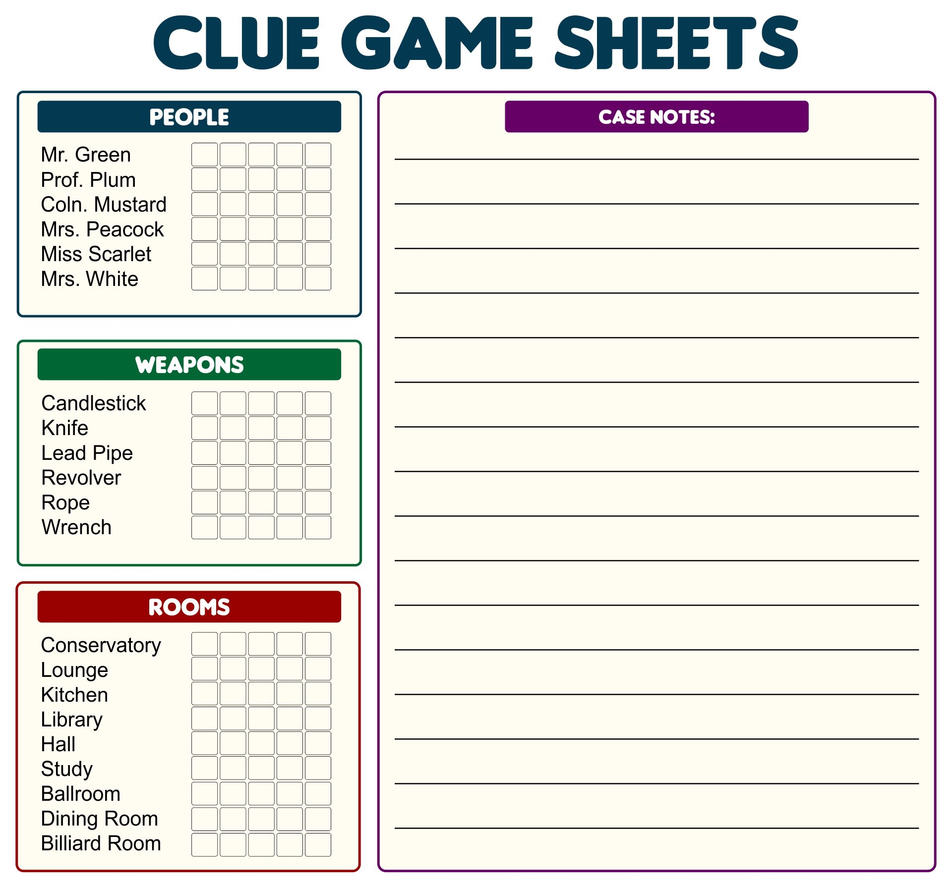 free printable clue board game