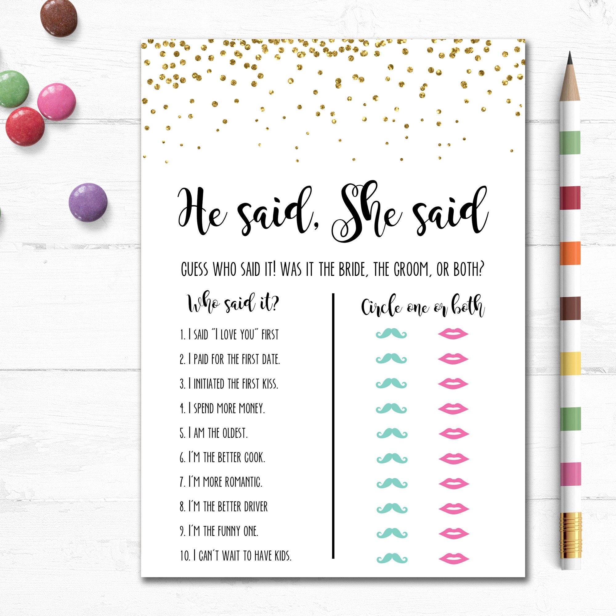 Printable Bridal Shower Game He Said She Said Couples Etsy