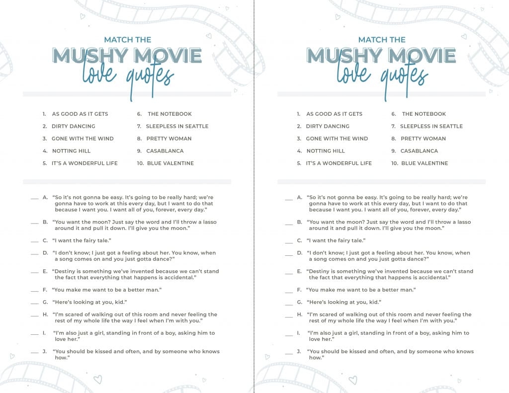 free printable bridal shower movie love quotes game